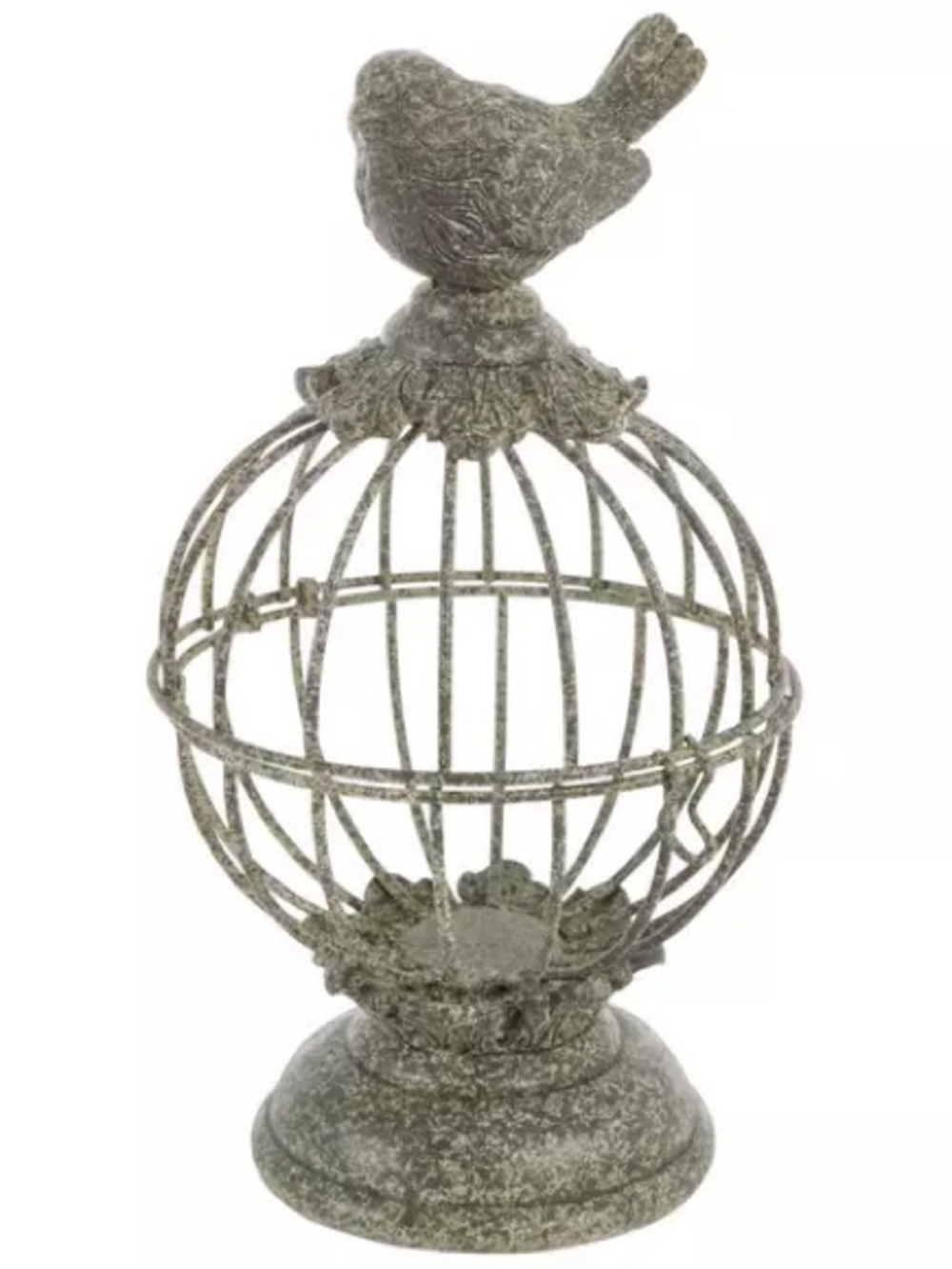 Distressed Gray Metal Bird Cage Statue